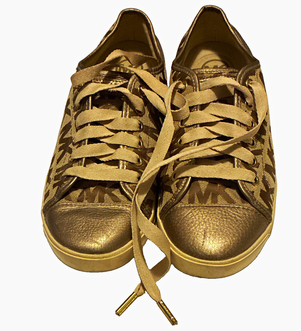 Michael Kors Allie Trainer Women's Low Top Lace Up Leather Logo Sneaker Gold 5.5